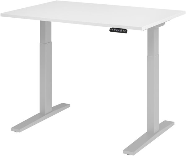 bümö elektrisch höhenverstellbarer Schreibtisch 120x80 cm in weiß, Gestell silber - Sitz & Stehschreibtisch mit Memoryfunktion, elektrischer Stehtisch & Gaming Tisch, XMKA-Serie, XMKA12-W-S