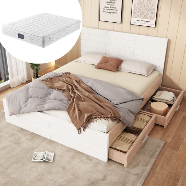 Doppelbett 160x200 cm Weiß Eiche, Bettgestell mit 2 Schubladen, Massivholzrahmen, Stauraumbett mit Lattenrost,inklusive Matratze
