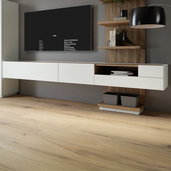 Schwebe Lowboard LEWISVILLE Wandmontage Optik Hellgrau / Valencia Oak