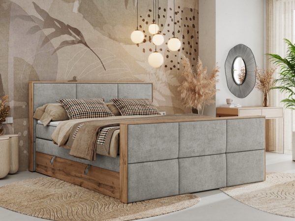 Doppelbett, Boxspringbett mit zwei Multipocket-Matratzen und ein Topper, Bettkästen, Eiche Wotan Holzrahmen, genähtes Kopfteil und Front - ALBERO 2 KING DUO - 120 x 200 cm - Hellgrau Stoff - H4