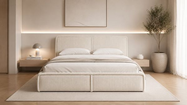 MOEBLO Polsterbett BETT 04 (Bezug: aus Cord, Doppelbett mit Kopfstütze, Rahmenbettgestell 180x200, mit Bettkasten und Lattenrost), mit Bettkasten