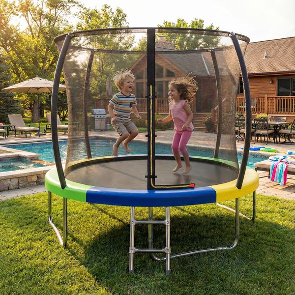 Devoko Gartentrampolin mit Sicherheitsnetz, Leiter, Randabdeckung, Stahlrahmen, Grün, Ø 290 cm