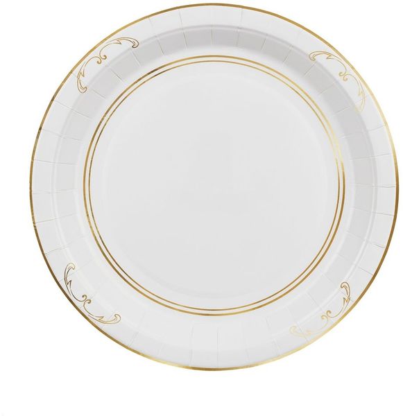 partydeco Teller, Pappteller 23cm mit Goldrand und Ornament 6er Set Weiß / Gold