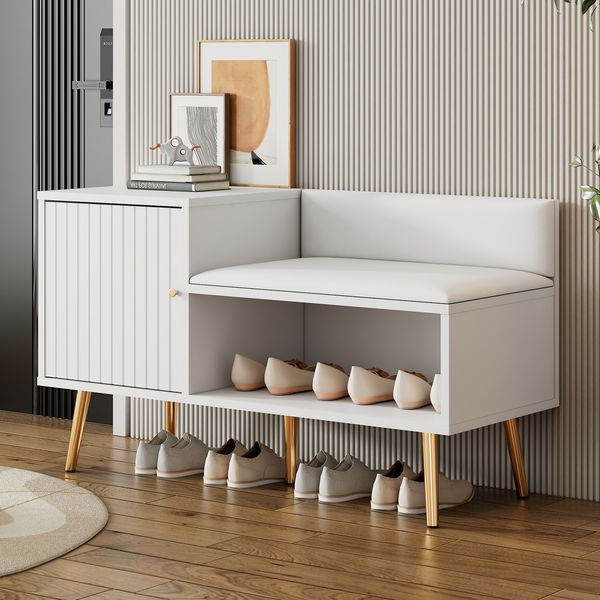 Kommode B100/T38/H58 cm mit Stauraum, Kunstleder-Polsterung und Metallbeinen in Weiß-Gold