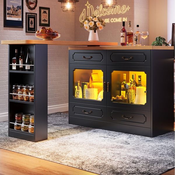 Flieks Bartisch 360° drehbar Stehtisch & Kommode mit Led-Beleuchtung und 4 Schubladen (Holzoptik Arbeitsplatte Länge 135-203 cm, 2-St, 2er Set), schwenkbar Esstisch mit Sideboard Küchenschrank Schwarz