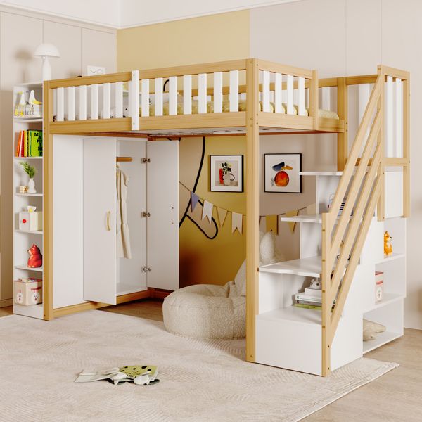 Hochbett 90×200 cm mit Sicherheitsleiter, Kleiderschrank und Regalen, Weiß/Naturholz, ohne Matratze