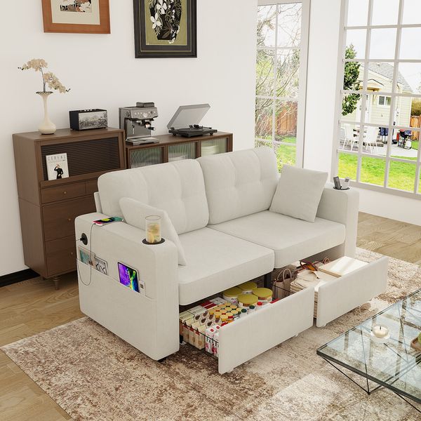 2-Sitzer-Sofa aus Chenille mit USB-Anschlüssen, Getränkehaltern und Stauraum, 172 x 75 x 82 cm, beige