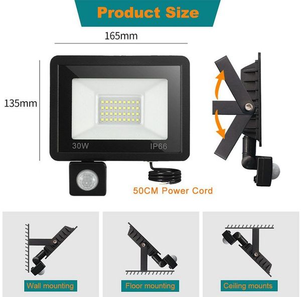 PRIISF LED Flutlichtstrahler Fluter Strahler Light Außenleuchte Scheinwerfer Flutlicht 6500K 3000LM, 30W, LED fest integriert, Kaltweiß, IP66 Wasserdicht Spotlight Wandleuchte mit Bewegungsmelder 30/50/100W