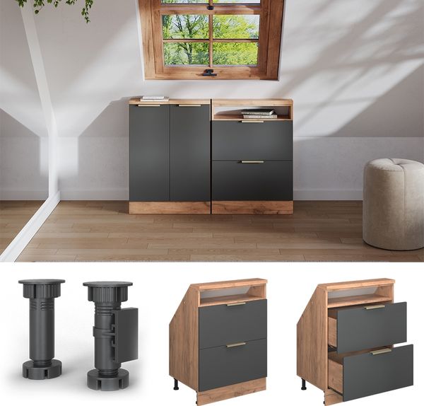 Küchenschrank für Dachschrägen R-Line Anthrazit-Gold/Goldkraft Eiche 60 cm mit 2 Schubladen Vicco Bild 4