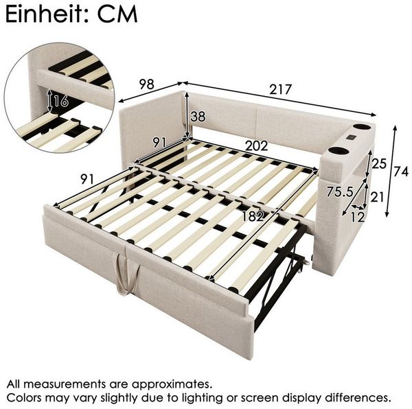 Celya Polsterbett Daybett, Einzelbett Schlafsofa mit Ausziehbett, Leinen-Mischgewebe (90x200cm, ohne Matratze), Armlehnen mit USB- & Type-C-Ladeanschluss und Getränkehalter