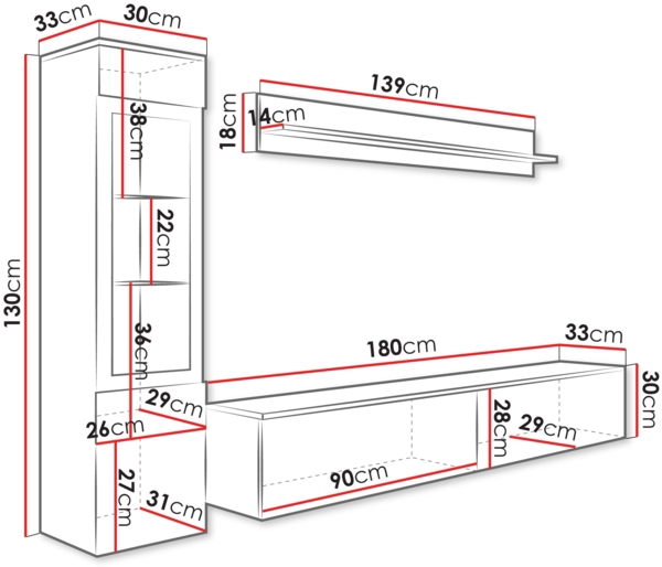 Wohnwand Doppo I (Farbe: Wotan / Schwarz Hochglanz, mit weißer LED Beleuchtung) Bild 7