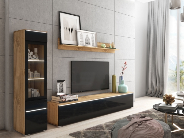 Wohnwand Doppo I (Farbe: Wotan / Schwarz Hochglanz, mit weißer LED Beleuchtung) Bild 4