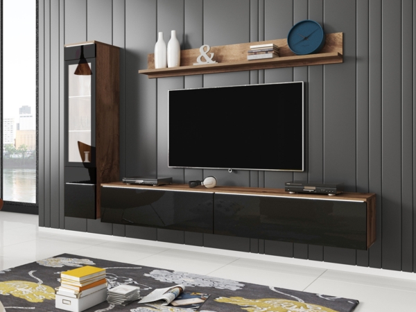 Wohnwand Doppo I (Farbe: Wotan / Schwarz Hochglanz, mit weißer LED Beleuchtung) Bild 2