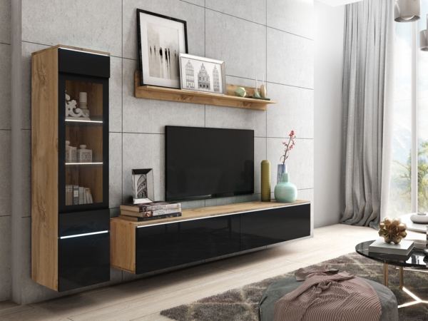 Wohnwand Doppo I (Farbe: Wotan / Schwarz Hochglanz, mit weißer LED Beleuchtung) Bild 5