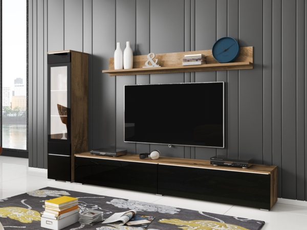 Wohnwand Doppo I (Farbe: Wotan / Schwarz Hochglanz, mit weißer LED Beleuchtung) Bild 3