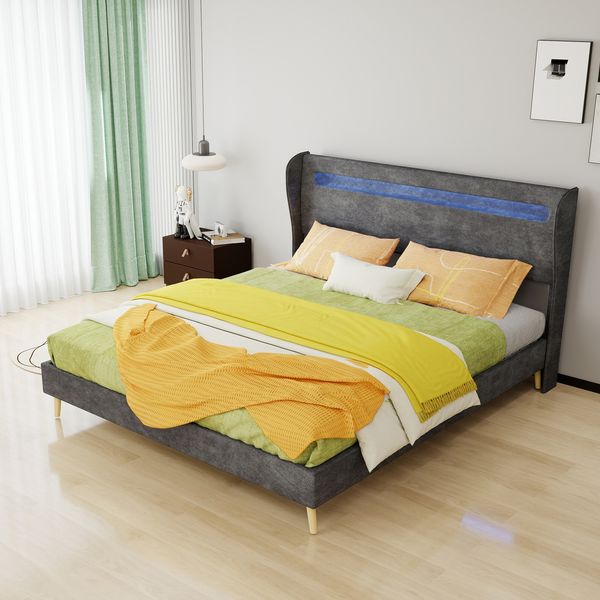 Modern Minimalist Upholstered Bed with Soft LED-Integrated Headboard, 160x200 cm, Grey, Multifunctional Bedroom Furniture, Low-Profile Non-Storage Base (Without Gas Lift), Mattress Not Included.