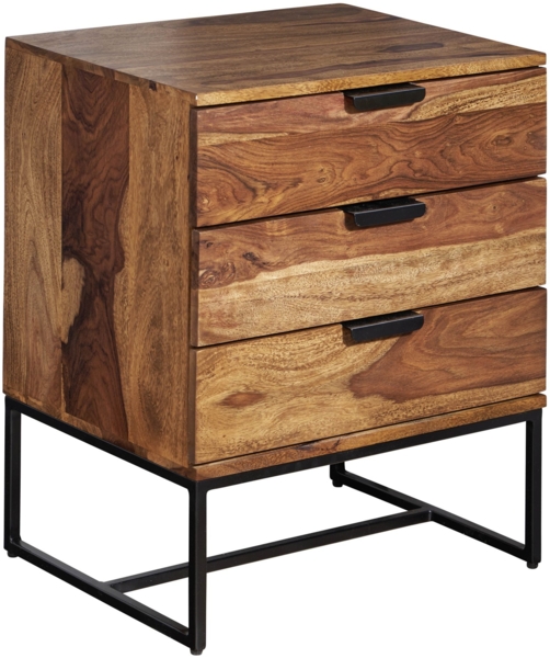 Nachttisch Sheesham Massivholz / Metall 50x40x65 cm Nachtschrank Boxspringbett, Design Nachtkonsole mit 3 Schubladen, Nachtkommode Industrial mit Stauraum