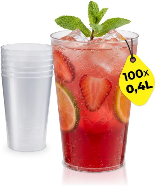 Silverkitchen 100x Mehrweg Plastikbecher 0,4 L – Stapelbare Partybecher - Spülmaschinenfeste Hartplastik Becher für Events, Partys & Gastronomie