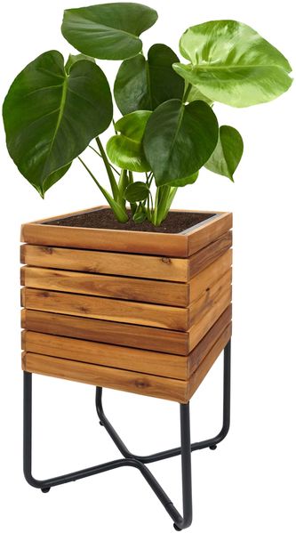 Pflanzkasten HWC-L25, Pflanzkübel Blumenkasten, quadratisch 60x33x33cm Outdoor Stahl Akazie Holz FSC®-zertifiziert, braun