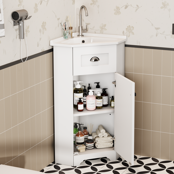 Flieks Eckwaschtisch mit Keramikbecken 59 x 42.5 x 90.5 cm, platzsparender Badschrank, Keramikwaschbecken, Stauraum, Weiß