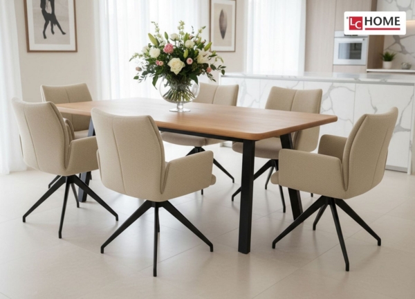 LC Home Essgruppe LC Home Essgruppe Monti Esstisch Wildeiche + Esszimmerstühle Webstoff