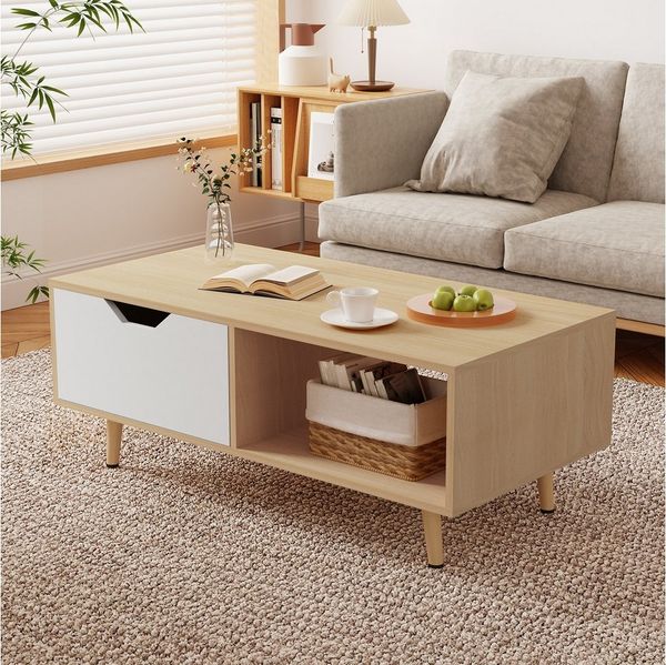 Lexzurn Couchtisch Couchtisch, Kaffeetisch, Sofatisch mit Schubladen (106 x 58 x 39,5 cm), und offenen Ablagefächern, Wohnzimmertisch, Weiß+Naturholz