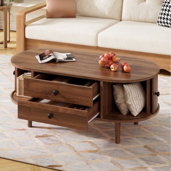 MODFU Couchtisch Design-Tisch mit vertikalen Streifen (Packung, 1-St, Schlichtes Design, MDF, Nussbaum), 100x40x50cm, oval, 2 Schubladen