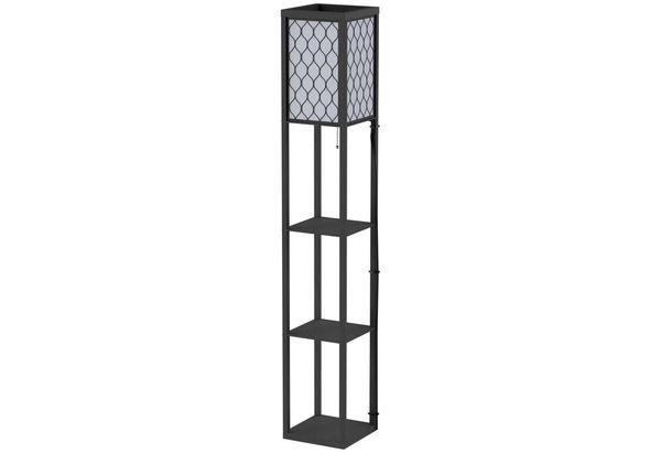 HOMCOM Stehlampe Stehleuchte mit Regalen, Ein-,Ausschalter, ohne Leuchtmittel, Holz Schwarz 26 x 26 x 160 cm