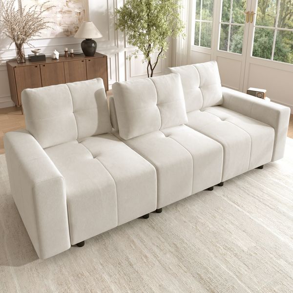Flieks 3-Sitzer Schlafsofa 213 cm mit verstellbarer Sitztiefe, Chenille-Stoff Couch mit Schlaffunktion, 3-in-1 Modulsofa, Beige