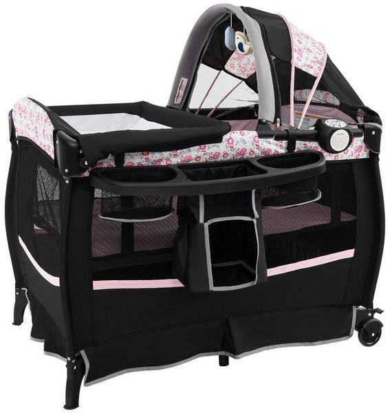 COSTWAY Baby-Reisebett, 4 in 1 Kinder Reisebett, Wickeltisch mit Vordach