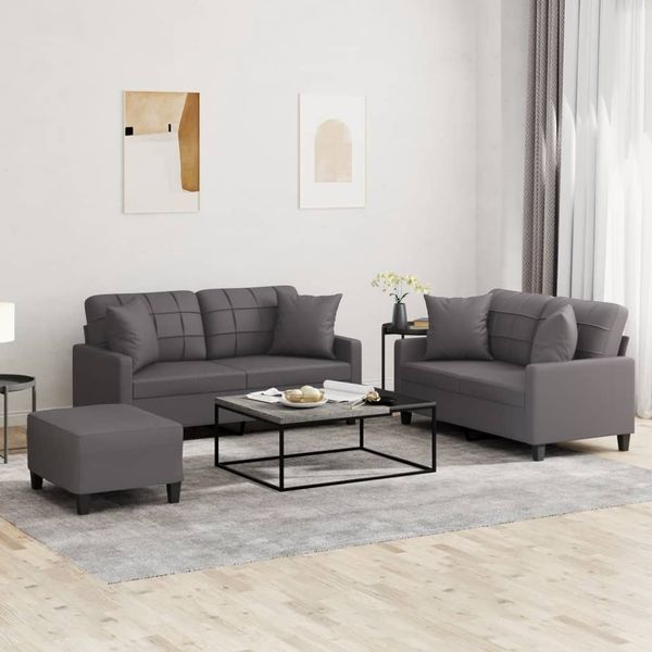 vidaXL 3-tlg. Sofagarnitur mit Kissen Grau Kunstleder 3201375