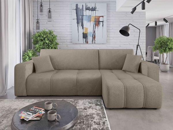 Ecksofa mit Schlaffunktion Sofa DAGNY in Stoff Poso Hellbraun Ottomane Rechts