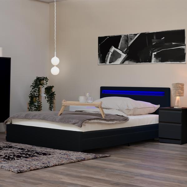 HOME DELUXE LED Bett mit Schubladen und Matratze NUBE - 140 x 200 cm Schwarz