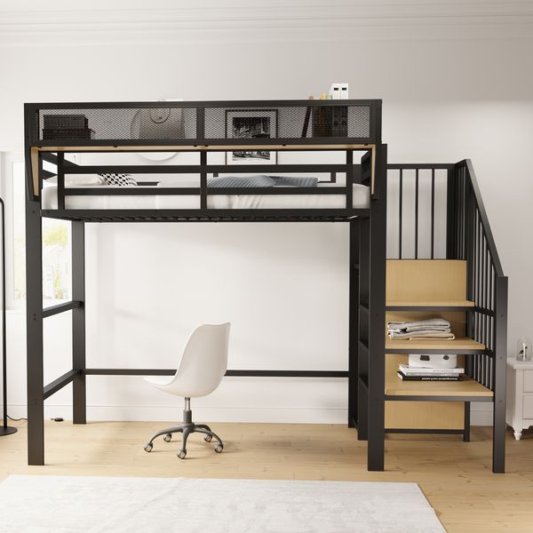 Hochbett 90x200 cm, Schwarz, Metall, mit Leiter & verstellbarem Regal(ohne Matratze)