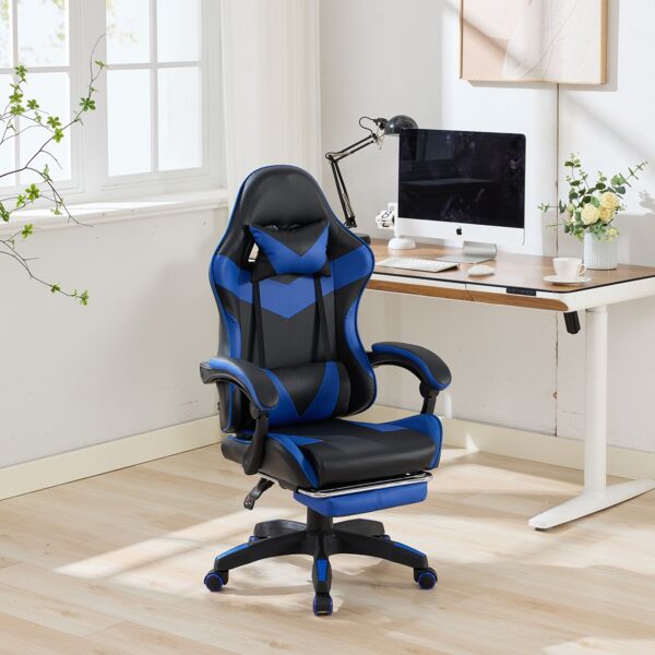 360°-Drehbare Ergonomische Rennsport-Design-Gaming-Stuhl Leder Hochlehnsbürostuhl,Höhenverstellbarer Arbeitsstuhl mit Fußstütze Kopfstütze und Lendenstütze für Büro und Gaming,Leder,Schwarz&Blau,