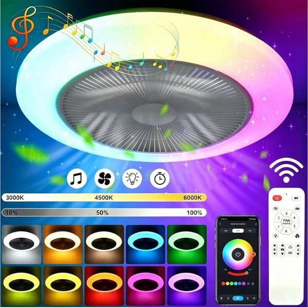 LETGOSPT Deckenleuchte Deckenventilator mit Beleuchtung 60W Dimmbar mit Fernbedienung, Ø50 cm, LED fest integriert, RGB Farbwechsel, Kaltweiß, Neutralweiß, Warmweiß, mit Bluetooth,Schlafzimmer Leise Ventilator für Wohnzimmer Küche Hotel