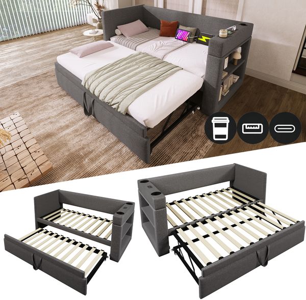 Polstertes Daybett 90x190 cm, Einzelbett Schlafsofa mit Ausziehbett, Armlehnen mit USB- & Type-C-Ladeanschluss und Getränkehalter, Leinen-Mischgewebe, Grau, ohne Matratze