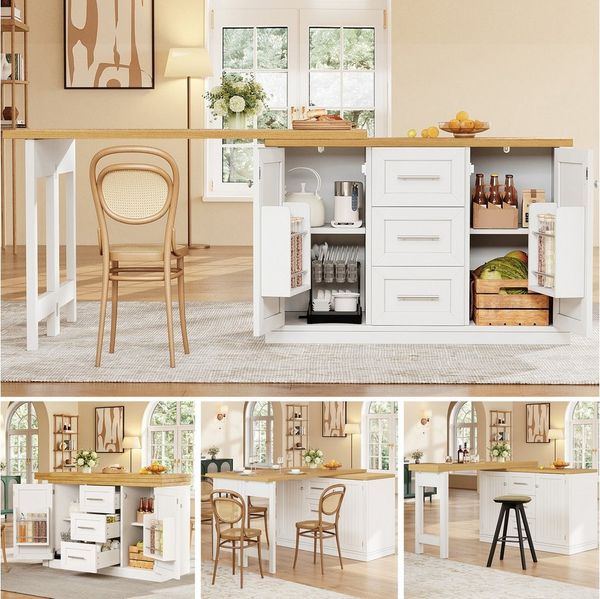 Flieks Kücheninsel Mehrzweckschrank mit 360° drehbarer und klappbarer Arbeitstisch, (Holzoptik Tischplatte Tiefe 40-80cm, Längenverstellbar 120-197cm), ausziehbarer Esstisch & Küchenschrank mit Schubladen&Snackregal Grün