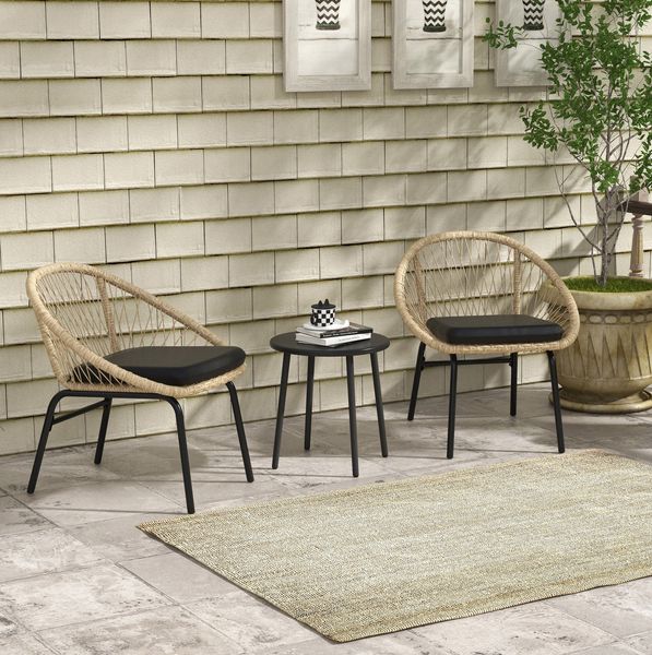 Rattan-Gartenset 3-tlg. mit Tisch Ø40x45 cm und 2 Stühlen – Gelb, mit gepolsterten Kissen