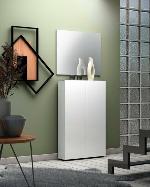 Dmora - Schuhschrank Tzaneen, Schuhregal, Mehrzweck-Eingangsgarderobe, Möbel für Schuhe, Made in Italy, 70x19h115 cm, Glänzendes Weiß