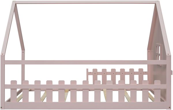 Kinderbett Hausbett 140x200 cm mit Geländer,Montessori Holzbett aus Kiefernholz, Kinder Haus-Bett mit Dachrahmen,Rosa Bild 8