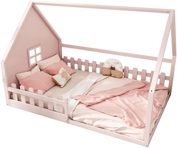 Kinderbett Hausbett 140x200 cm mit Geländer,Montessori Holzbett aus Kiefernholz, Kinder Haus-Bett mit Dachrahmen,Rosa Bild 6