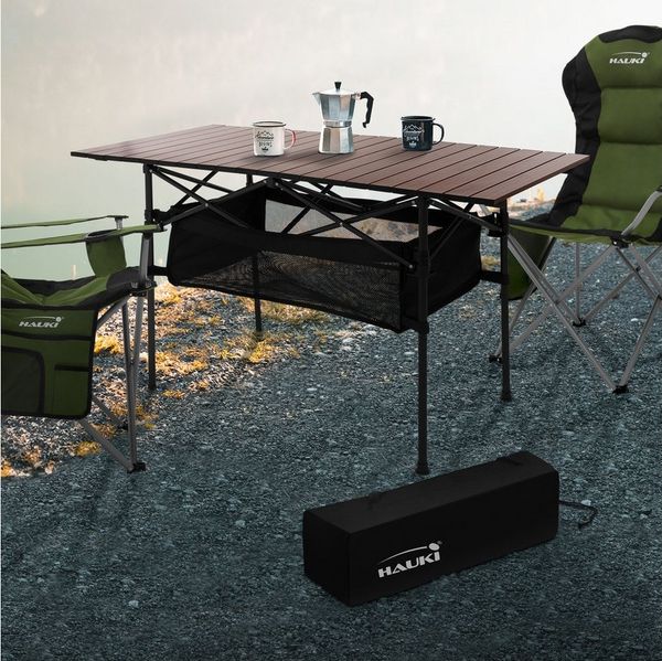 Hauki Campingtisch Klapptisch faltbar aus Aluminium inkl. Tragetasche, Gartentisch 118x55x64,5 cm Braun, Aufrollbare Tischplatte, Falttisch