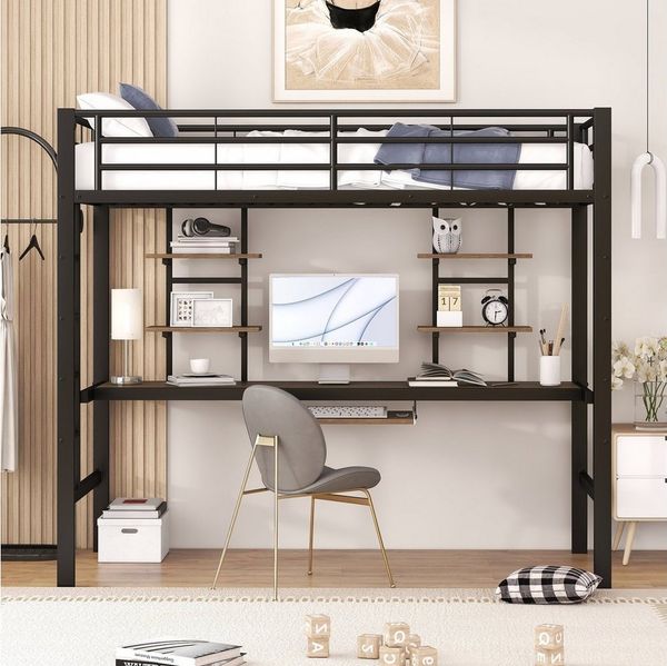 SOFTWEARY Hochbett mit Rausfallschutz und Lattenrost (90x200 cm) Metallbett, Kinderbett