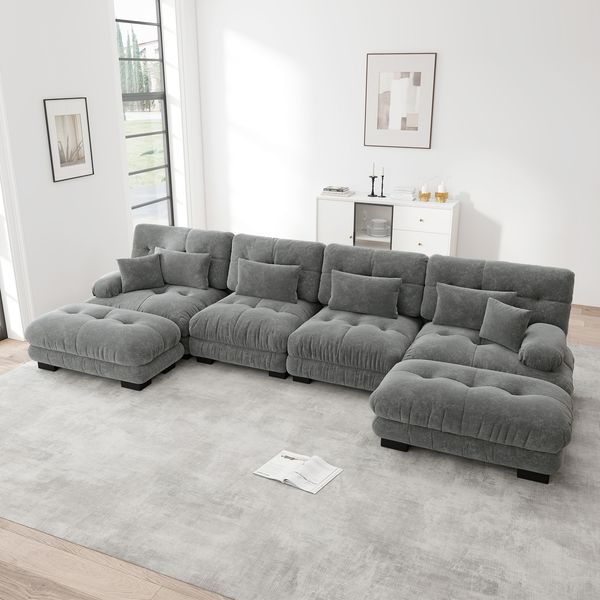 Sofa in Grau aus Chenille mit modularer U-/L-Form und beweglichen Ottomans,81 x 406 x 145 cm