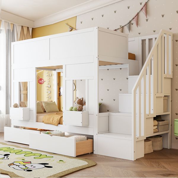 Etagenbett für Kinder mit Stauraumtreppe und Schubladen, 90 x 200 Großes Hochbett mit Fenstern und Staukästen, Holzgestell mit Sicherheitsgeländer, Platzsparendes Kinderbett für Jungen und Mädchen