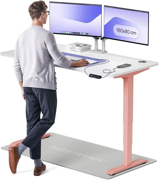 Desktronic HomePro Elektrisch höhenverstellbarer Schreibtisch 160x80cm Rosa/Weiß mit Memory-Funktion, Anti-Kollisions Technologie, USB-A und USB-C-Ladeanschlüssen
