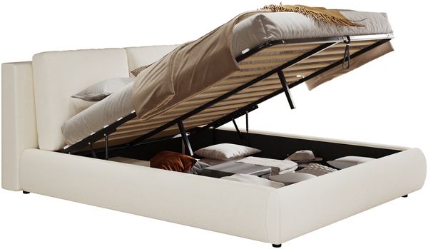 Merax Polsterbett, Doppelbett, 160*200cm, hydraulisches Funktionsbett, Bett mit Lattenrost, Kopfteil und großem Stauraum, gepolstertes Kopfteil, Beige Bouclé Bild 10