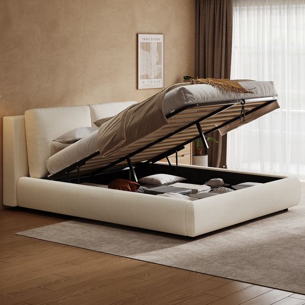 Merax Polsterbett, Doppelbett, 160*200cm, hydraulisches Funktionsbett, Bett mit Lattenrost, Kopfteil und großem Stauraum, gepolstertes Kopfteil, Beige Bouclé