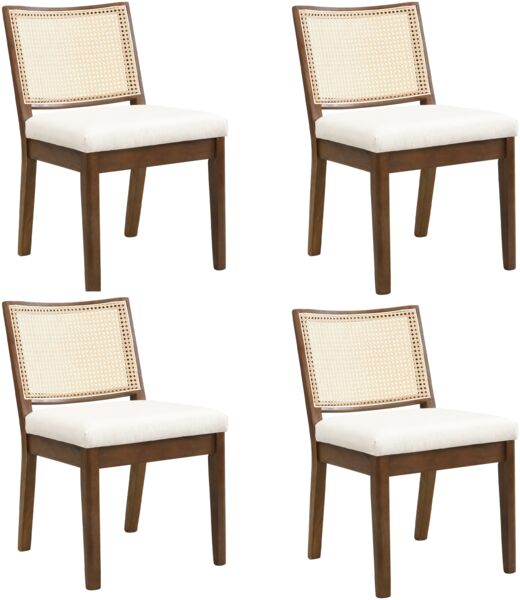 Merax Polsterstühle 4er set Esszimmerstühle aus Massivholz mit Rattan-Rückenlehnen, bequem und atmungsaktiv, geeignet für Esszimmer, Wohnzimmer, Cafés, Leinen, Nussbaum